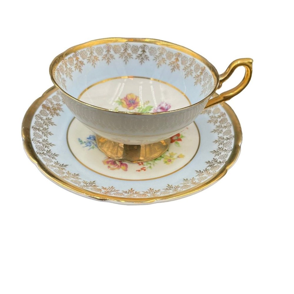 Vtg Regency Tea Cup & Saucer Bone China England 1940's Blue Gold Gilt Floral